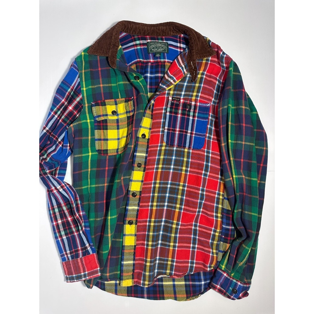 Polo Ralph Lauren Country Patchwork Plaid Flannel Shirt Corduroy Collar Mens M